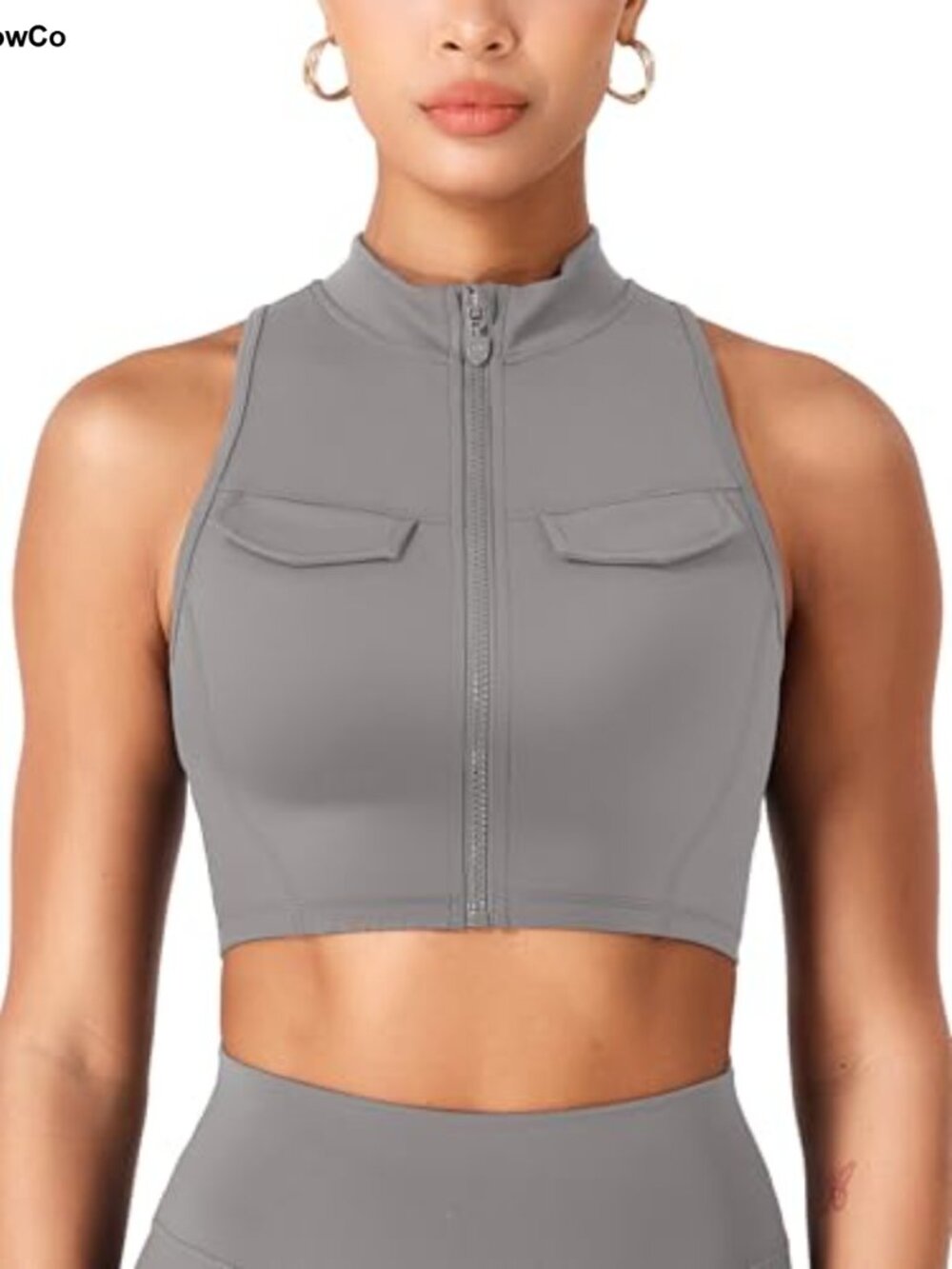 Women Cargo Tank Top Full Zip High Neck Racerback Fitted Gym Vest